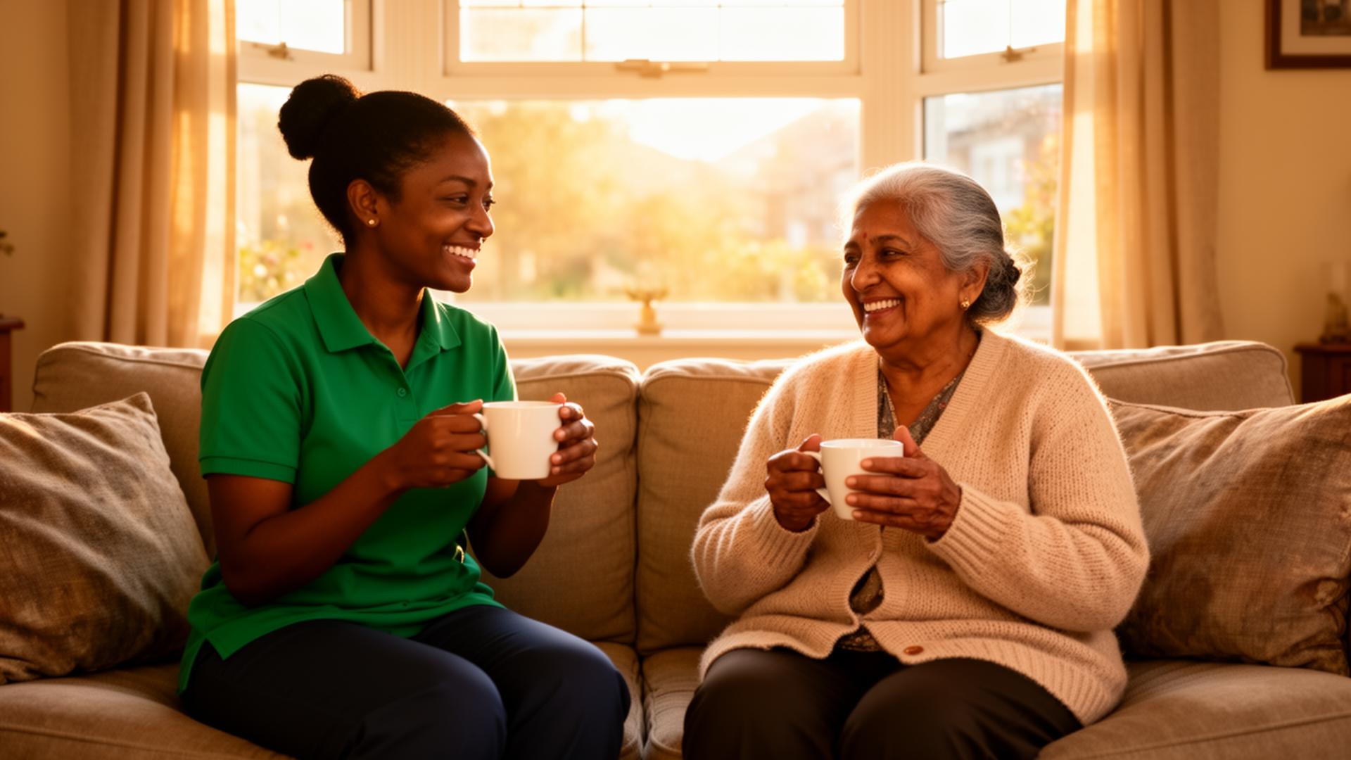 Carer with elderly client sharing tea in a sunlit Leicester living room